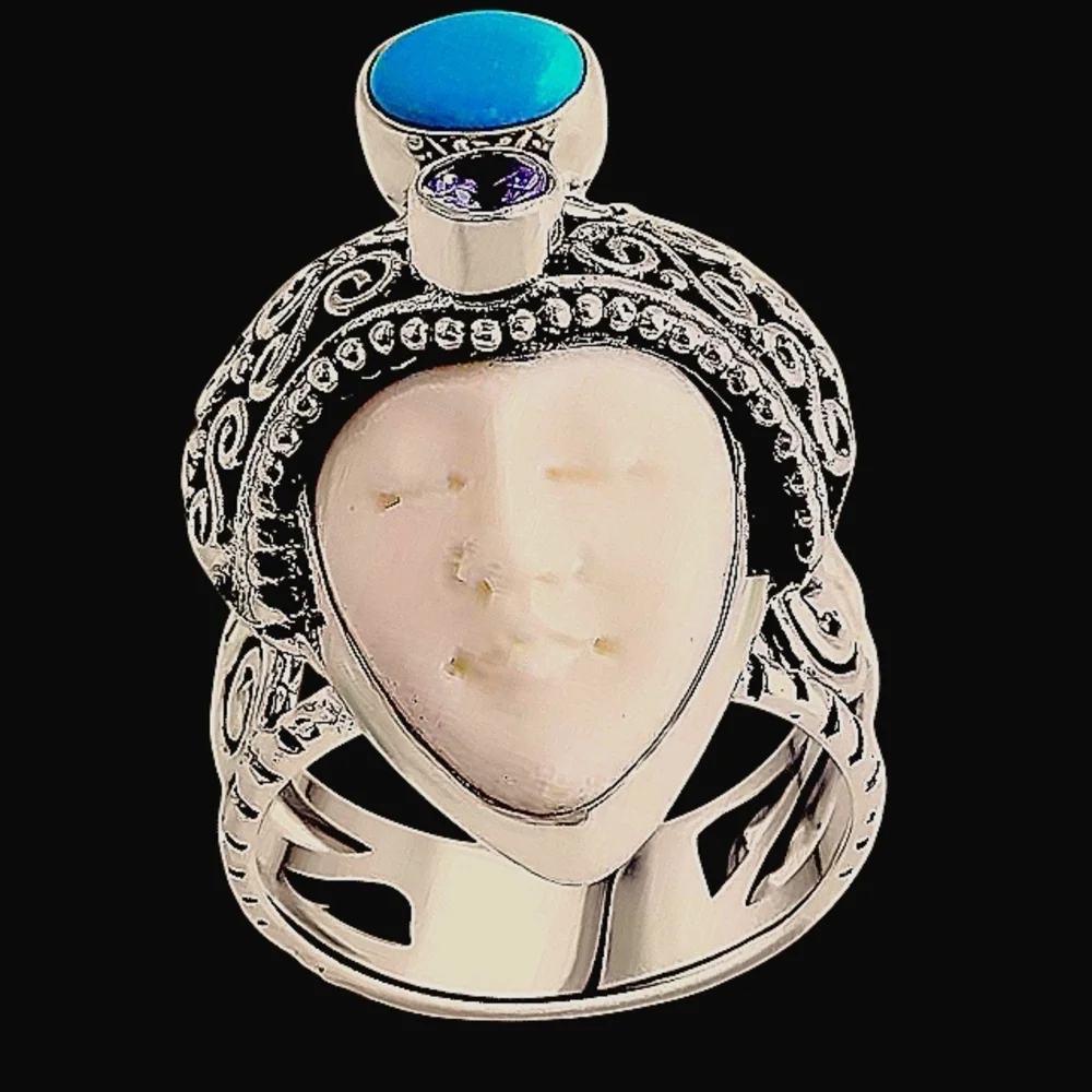 Sterling Silver Carved Bone Sleeping Beauty Turquoise & Tanzanite 1.00 ctw